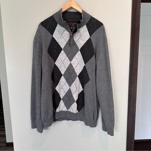 Tasso Elba Men Gray Argyle Print Quarter Zip Up Pullover Business Office Sweater